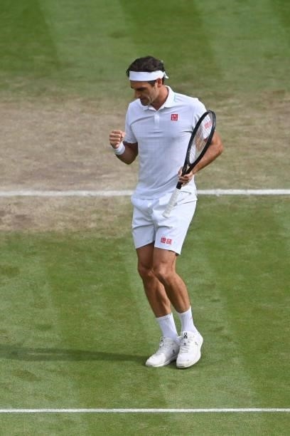 Roger Federer of Switzerland celebrates during his match against Hubert Hurkacz of Poland in the quarter finals of the gentlemen's singles during Day...