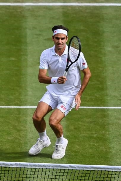 Roger Federer of Switzerland hits a forehand against Hubert Hurkacz of Poland in the quarter finals of the gentlemen's singles during Day Nine of The...