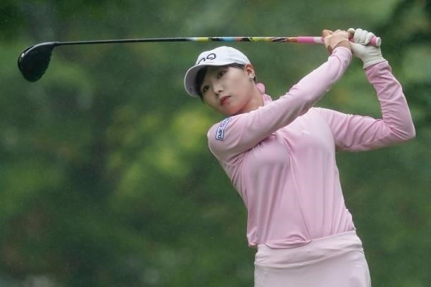 Fumie Tsune of Japan hits her tee shot on the 10th hole during the first round of the Nipponham Ladies Classic at Katsura Golf Club on July 08, 2021...