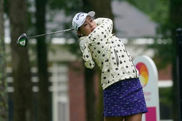 Miyuki Takeuchi of Japan hits her tee shot on the 1st hole during the first round of the Nipponham Ladies Classic at Katsura Golf Club on July 08,...