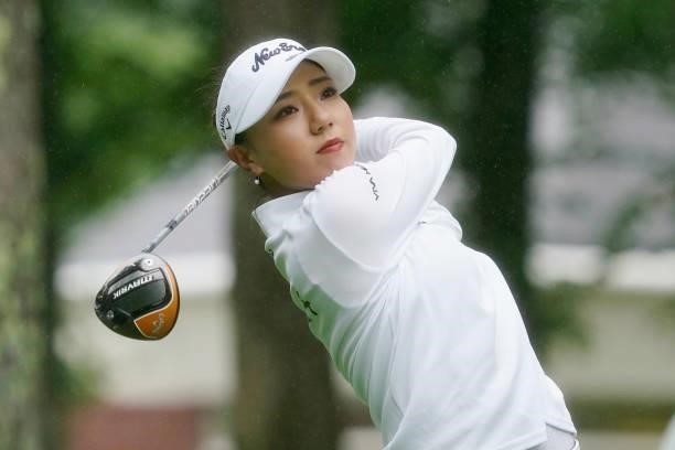 Naruha Miyata of Japan hits her tee shot on the 1st hole during the first round of the Nipponham Ladies Classic at Katsura Golf Club on July 08, 2021...