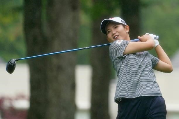 Hikaru Yoshimoto of Japan hits her tee shot on the 10th hole during the first round of the Nipponham Ladies Classic at Katsura Golf Club on July 08,...