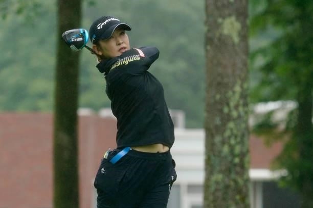 Aya Tamura of Japan hits her tee shot on the 1st hole during the first round of the Nipponham Ladies Classic at Katsura Golf Club on July 08, 2021 in...
