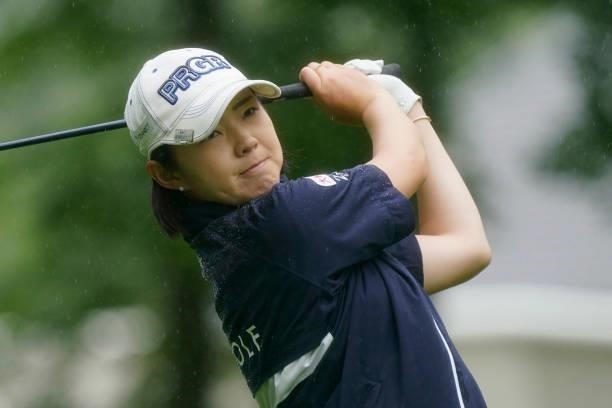 Rie Tsuji of Japan hits her tee shot on the 1st hole during the first round of the Nipponham Ladies Classic at Katsura Golf Club on July 08, 2021 in...