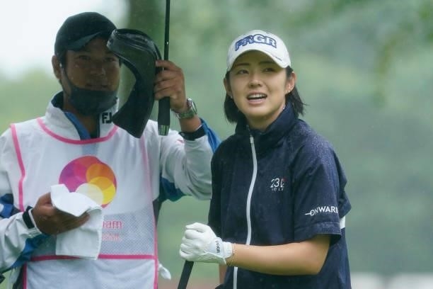 Rie Tsuji of Japan smiles during the first round of the Nipponham Ladies Classic at Katsura Golf Club on July 08, 2021 in Tomakomai, Hokkaido, Japan.