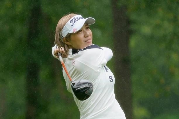 Hiroko Ayada of Japan hits her tee shot on the 1st hole during the first round of the Nipponham Ladies Classic at Katsura Golf Club on July 08, 2021...