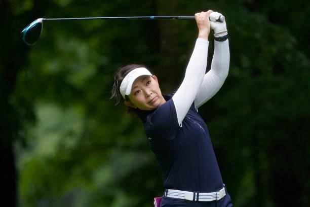 Mika Saito of Japan hits her tee shot on the 3rd hole during the first round of the Nipponham Ladies Classic at Katsura Golf Club on July 08, 2021 in...