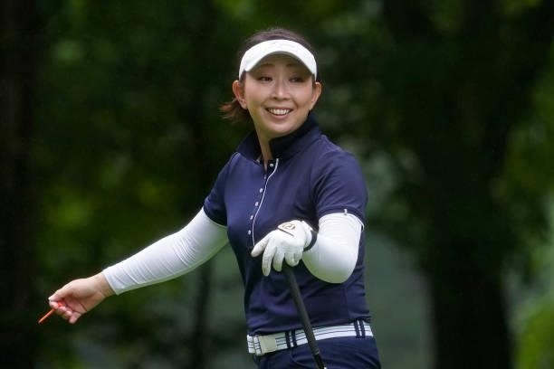 Mika Saito of Japan smiles smiles during the first round of the Nipponham Ladies Classic at Katsura Golf Club on July 08, 2021 in Tomakomai,...