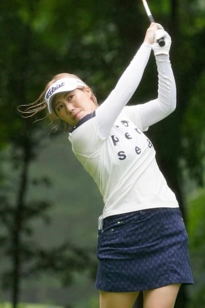 Hiroko Ayada of Japan hits her tee shot on the 3rd hole during the first round of the Nipponham Ladies Classic at Katsura Golf Club on July 08, 2021...