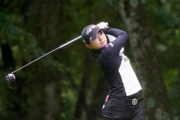 Momo Yoshikawa of Japan hits her tee shot on the 3rd hole during the first round of the Nipponham Ladies Classic at Katsura Golf Club on July 08,...