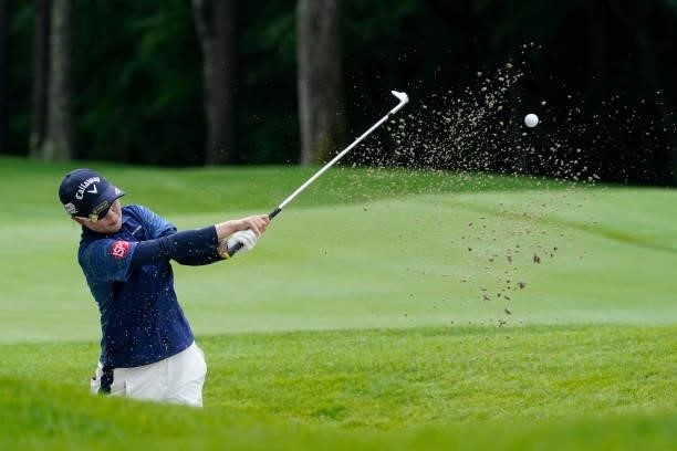 Mayu Hosaka of Japan hits from a bunker on the 9th hole during the first round of the Nipponham Ladies Classic at Katsura Golf Club on July 08, 2021...