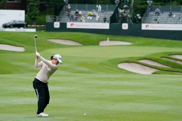 Saki Nagamine of Japanhits her second shot on the 18th hole during the first round of the Nipponham Ladies Classic at Katsura Golf Club on July 08,...