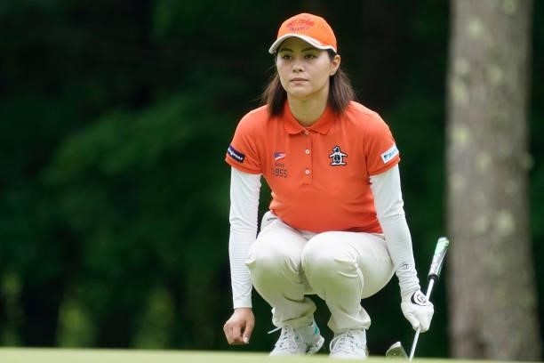 Hina Arakaki of Japan lines up her putt on the 17th hole during the first round of the Nipponham Ladies Classic at Katsura Golf Club on July 08, 2021...