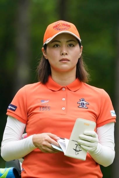 Hina Arakaki of Japan looks on during the first round of the Nipponham Ladies Classic at Katsura Golf Club on July 08, 2021 in Tomakomai, Hokkaido,...