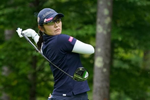 Saiki Fujita of Japan hits her tee shot on the 18th hole during the first round of the Nipponham Ladies Classic at Katsura Golf Club on July 08, 2021...