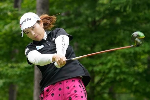 Ritsuiko Ryu of Japan hits her tee shot on the 18th hole during the first round of the Nipponham Ladies Classic at Katsura Golf Club on July 08, 2021...