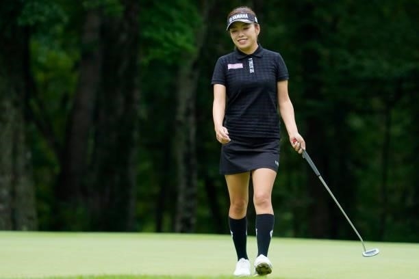 Maria Shinohara of Japan smiles during the first round of the Nipponham Ladies Classic at Katsura Golf Club on July 08, 2021 in Tomakomai, Hokkaido,...