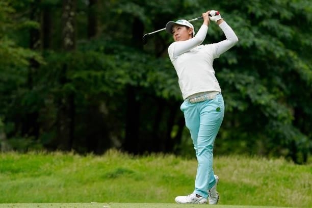 Maiko Wakabayashi of Japan hits her tee shot on the 8th hole during the first round of the Nipponham Ladies Classic at Katsura Golf Club on July 08,...