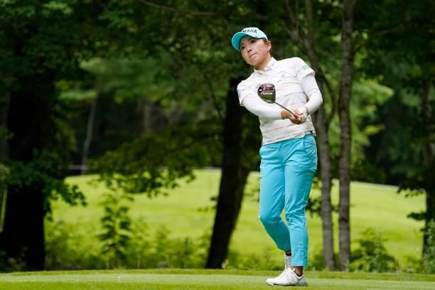 Chie Arimura of Japan hits her tee shot on the 9th hole during the first round of the Nipponham Ladies Classic at Katsura Golf Club on July 08, 2021...