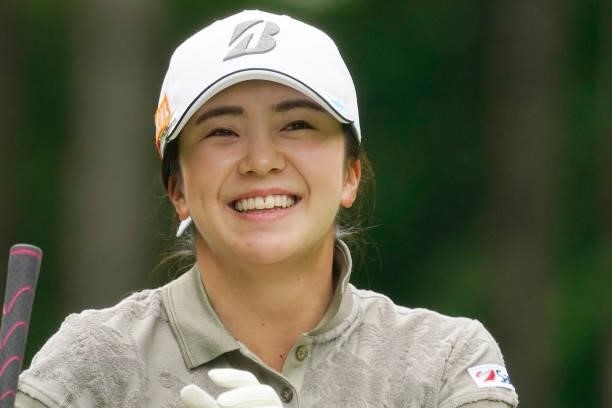 Kotone Hori of Japan smiles during the first round of the Nipponham Ladies Classic at Katsura Golf Club on July 08, 2021 in Tomakomai, Hokkaido,...