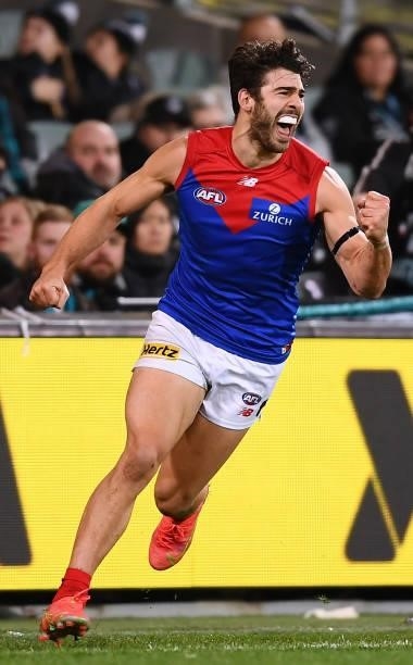 Christian Petracca of the Demons celebrates a goal during the round 17 AFL match between Port Adelaide Power and Melbourne Demons at Adelaide Oval on...