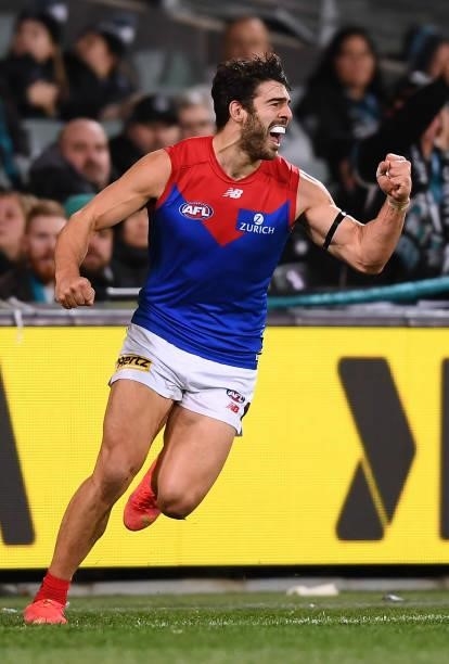 Christian Petracca of the Demons celebrates a goal during the round 17 AFL match between Port Adelaide Power and Melbourne Demons at Adelaide Oval on...