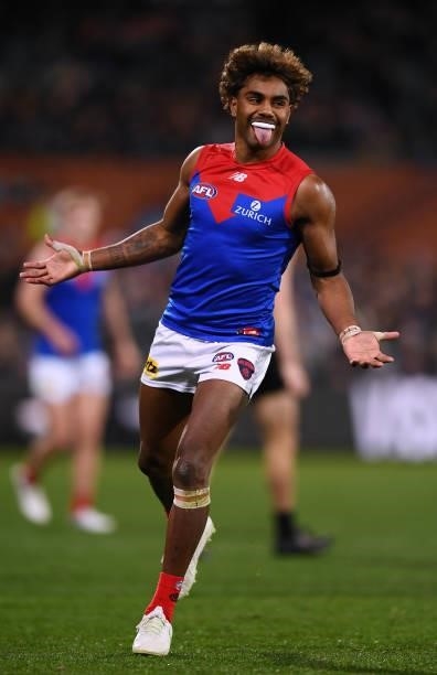 Kysaiah Pickett of the Demons celebrates a goal during the round 17 AFL match between Port Adelaide Power and Melbourne Demons at Adelaide Oval on...