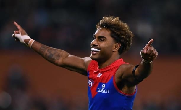 Kysaiah Pickett of the Demons celebrates a goal during the round 17 AFL match between Port Adelaide Power and Melbourne Demons at Adelaide Oval on...