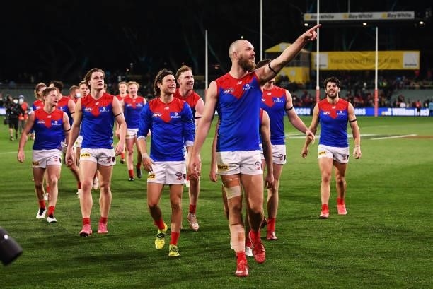 Max Gawn of the Demons leads his team off the ground after winning the round 17 AFL match between Port Adelaide Power and Melbourne Demons at...