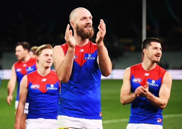 Max Gawn of the Demons leads his team off the ground after winning the round 17 AFL match between Port Adelaide Power and Melbourne Demons at...