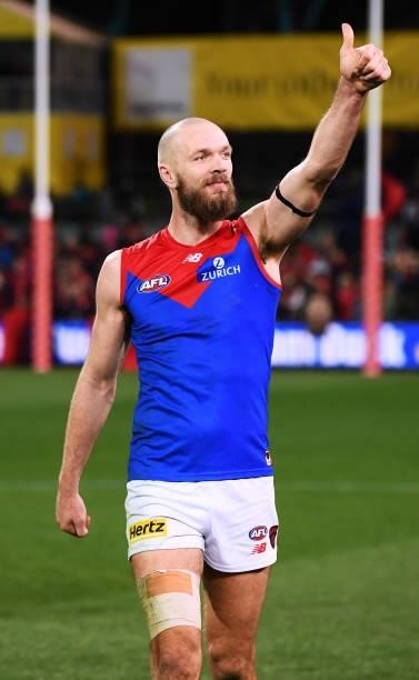 Max Gawn of the Demons thanks the Melbourne fans after the round 17 AFL match between Port Adelaide Power and Melbourne Demons at Adelaide Oval on...