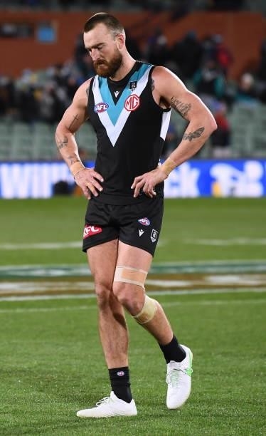 Charlie Dixon of Port Adelaide djctd aftr losing the round 17 AFL match between Port Adelaide Power and Melbourne Demons at Adelaide Oval on July 08,...