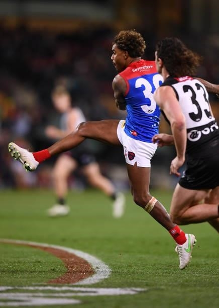 Kysaiah Pickett of the Demons kicks a goal during the round 17 AFL match between Port Adelaide Power and Melbourne Demons at Adelaide Oval on July...