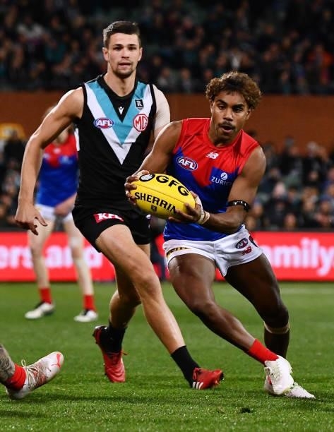 Kysaiah Pickett of the Demons during the round 17 AFL match between Port Adelaide Power and Melbourne Demons at Adelaide Oval on July 08, 2021 in...