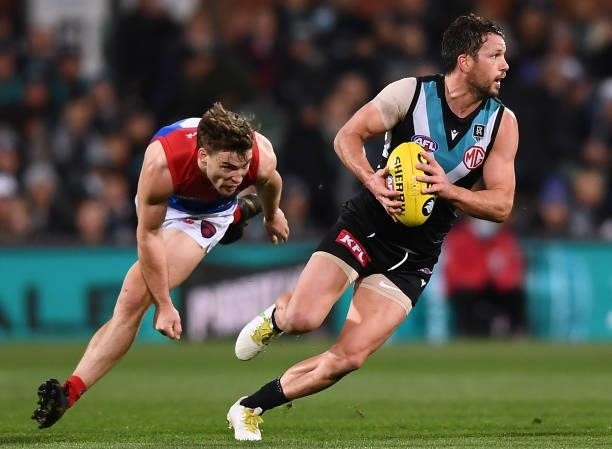 Travis Boak of Port Adelaide during the round 17 AFL match between Port Adelaide Power and Melbourne Demons at Adelaide Oval on July 08, 2021 in...
