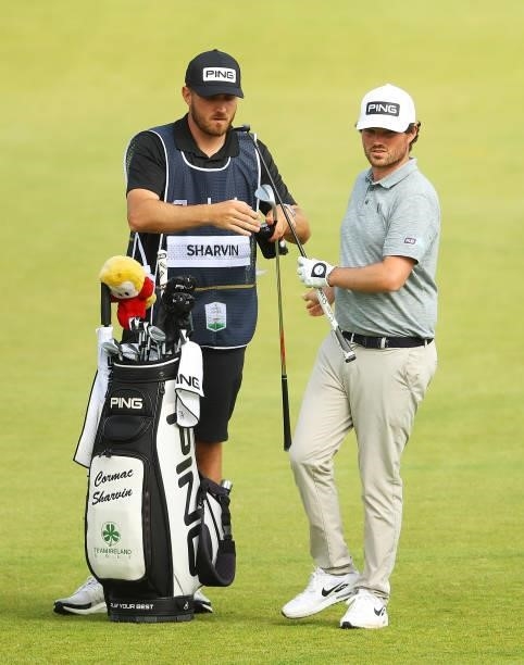 Cormac Sharvin of Northern Ireland pictured with his caddie on the 2nd hole during Day One of the abrdn Scottish Open at The Renaissance Club on July...