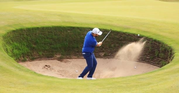 Romain Langasque of France practices in a bunker during Day One of the abrdn Scottish Open at The Renaissance Club on July 08, 2021 in North Berwick,...