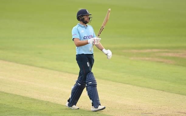 Dawid Malan of England acknowledges reaching his half century during the first One Day international between England and Pakistan at Sophia Gardens...