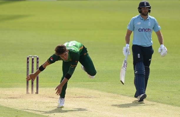 Shaheen Afridi of Pakistan bowls past Dawid Malan of England during the first One Day international between England and Pakistan at Sophia Gardens on...