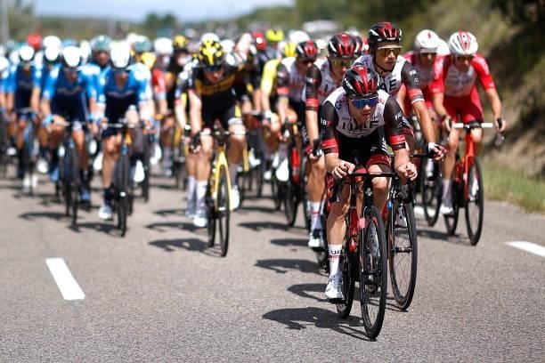 Marc Hirschi of Switzerland and UAE-Team Emirates leads The Peloton during the 108th Tour de France 2021, Stage 12 a 159,4km stage from...