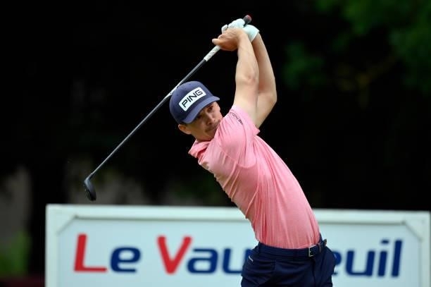 Jordan Wrisdale of England plays his first shot on the 10th hole during Day One of Le Vaudreuil Golf Challenge at Golf PGA France du Vaudreuil on...