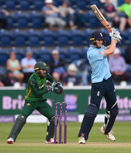 England batsman Zak Crawley hits out watched by wicketkeeper Mohammad Rizwan during the 1st Royal London Series One Day International between England...