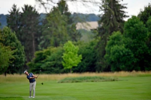Mario Beltran of Spain plays his second shot on the 11th hole during Day One of Le Vaudreuil Golf Challenge at Golf PGA France du Vaudreuil on July...