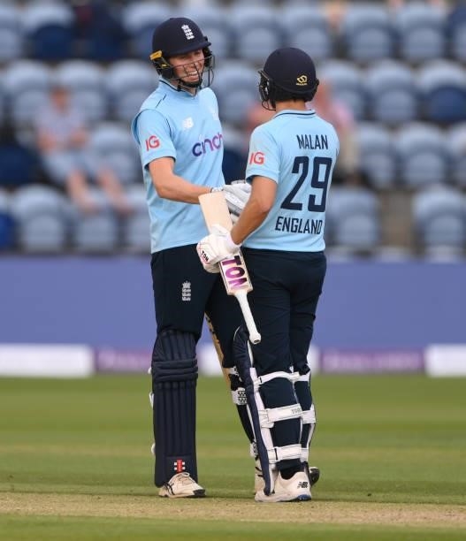 England batsman Zak Crawley reaches his 50 and is congratulated by partner Dawid Malan during the 1st Royal London Series One Day International...