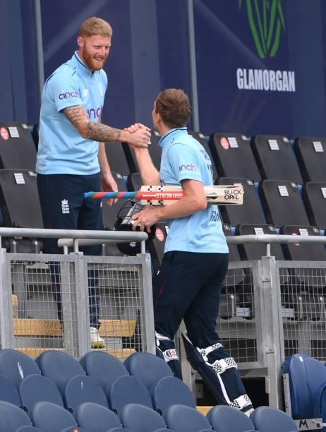 England batsman Zak Crawley is congratulated by captain Ben Stokes after the 1st Royal London Series One Day International between England and...