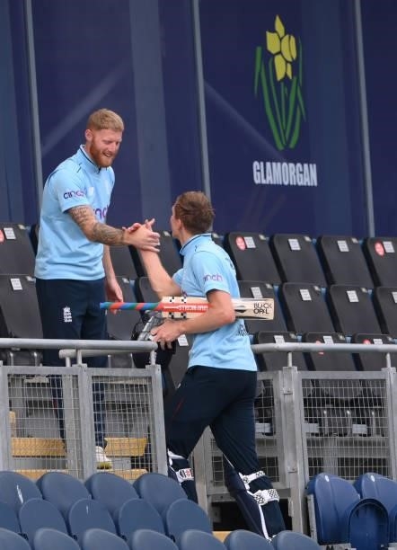 England batsman Zak Crawley is congratulated by captain Ben Stokes after the 1st Royal London Series One Day International between England and...