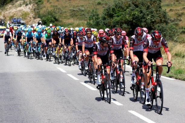 Rui Costa of Portugal & Marc Hirschi of Switzerland and UAE-Team Emirates leads The Peloton during the 108th Tour de France 2021, Stage 12 a 159,4km...