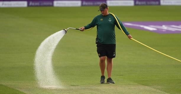 Grounsman waters a pitch after the first One Day international between England and Pakistan at Sophia Gardens on July 08, 2021 in Cardiff, Wales.