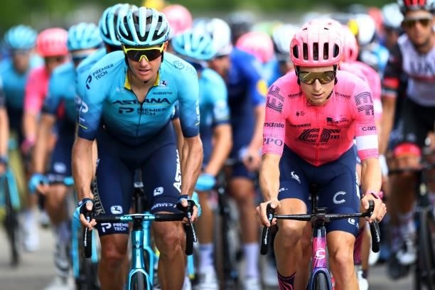 Jakob Fuglsang of Denmark and Team Astana - Premier Tech & Neilson Powless of The United States and Team EF Education - Nippo during the 108th Tour...