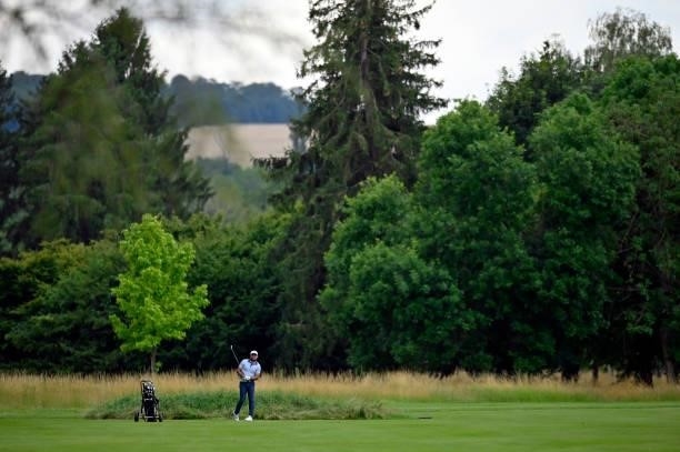Maxime Radureau of France plays his second shot on the 18th hole during Day One of Le Vaudreuil Golf Challenge at Golf PGA France du Vaudreuil on...